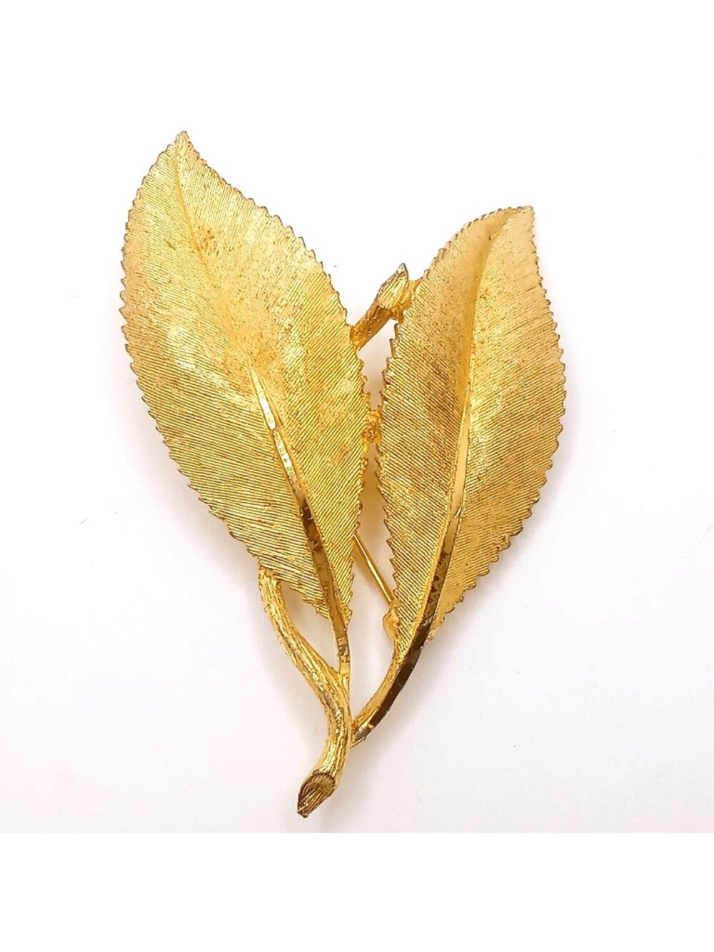 Vintage B.S.K Double Leaf Brooch Gold Tone Textured Design Mid Century 50-60's